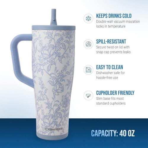 Image of Ice Shaker 40 oz Tumbler with Handle and Straw | 40oz Bleu Toile| Cold for 30+ Hours | 2-in-1 Tumbler Shaker Bottle | Odor-Free 40 ounce Bottle for Water, Protein Shakes, Smoothies, Cocktails