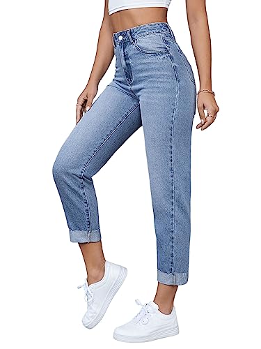 SweatyRocks Women's High Waist Bleach Wash Roll Hem Mom Fit Zipper Fly Jeans with Pocket