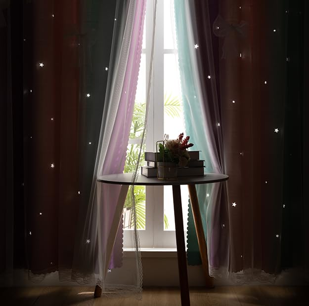 Image of Yancorp Curtains for Girls Bedroom Kids Room Curtain Colorful Window Nursery Curtain 63 inches Length Room Darkening Grommet 2 Layers (Green Pink Purple, W52 X L63)