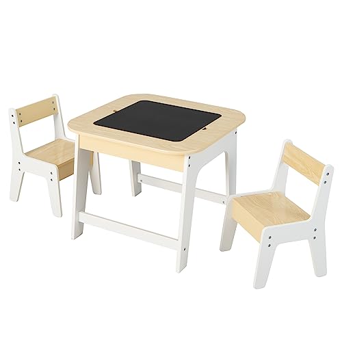 LIFEZEAL Juego de Mesa Infantil con 2 Sillas, Mesa de Actividad con Pizarra Doble Cara, Mesa Cuadrada con Tablero Extraíble y Almacenamiento Oculto, Conjunto de Mueble para niños (Natural+Blanco)