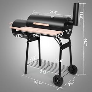 Outvita bbq charcoal grill outdoor patio barbecue cooker with offset smoker wheels and tray for balcony picnics party and camping  urban country home decor