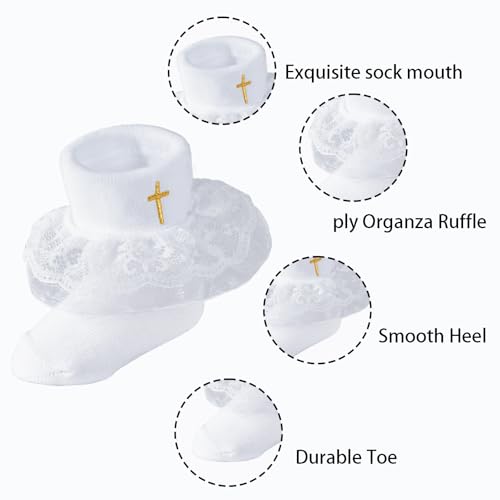 Newborn Baptism Socks Infant Turn Cuff White Christening Cotton Sock With Eyelet Ruffle Lace and Cross, 0-12 Months2