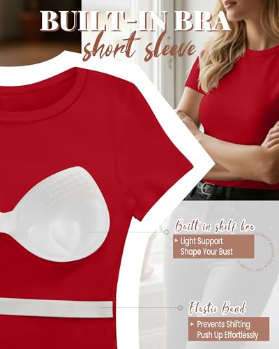 Image of Evervibe Women Built-in Bra Short Sleeve Shirts Crewneck T-Shirt Slim Fit Going Out Tops Casual Summer Basic Tees