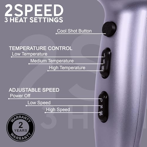 Image of Hair Dryer for Women | Fast Drying, Low Heat Damage, Smooth & Frizz-Free Hair | 1800-2000W Professional Blow Dryer with Cool Shot | Gustto Elevate (Lavender), BIS certified