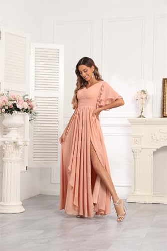 Image of Women's V Neck Short Sleeve Bridesmaid Dresses for Wedding Ruffled Chiffon Evening Formal Gown