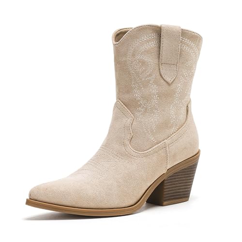 Putu Cowboy Ankle Boots for Women, Western Booties with Pointed Toe & Embroidery, Stylish Short Booties for Casual & Party Beige 8.5