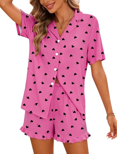 Image of SWOMOG Woman Pajama Set Short Sleeve Pjs Set 2Pcs Short Pajamas Button Down Ruffle Hem Sleepwear Soft Modal Loungewear