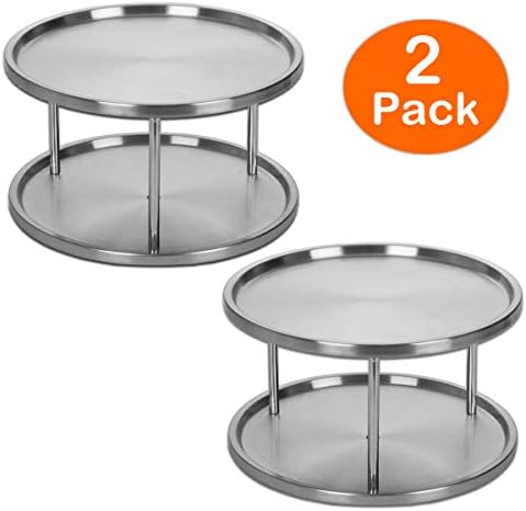 CBTONE 2 Tier Lazy Susan Cabinet Turntable Spice Storage Organizer Rack Stainless Steel 360 Degree Rotating Tray for Kitchen, Pantry or Countertops - 2 Pack