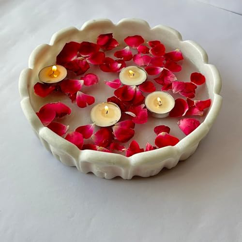 Image of Marble Urli Bowl for Decoration | Big Potpourri Decorative Bowls in Home decor | Large White Floating Flower Plates of Stone | Small Shape puja Item | (9 inch, Crown Jewel)