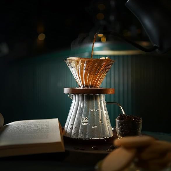 Image of The Bean Co Roasters Coffee Dripper with Wooden Ring - Manual Pour Over Brewer for Cup & Carafe | Heat-Resistant Borosilicate Glass | Cafe-Style Brewing | Wooden Base