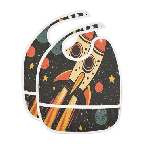 MCHIVER Spaceship Planets Black Baby Bibs for tag1 Waterproof Feeding Bib Apron with Food Cather Adjustable Cotton Food Eating Bib 2 Pack