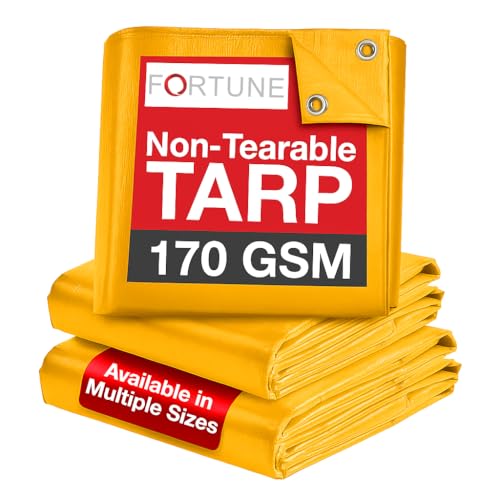 Image of FORTUNE Tarpaulin Sheet Waterproof (12Ft x 9Ft) with 170 GSM, Virgin Material, UV Resistant,Aluminum Eyelets - Laminated, Heavy Duty Tadpatri, Tarpaulin Plastic Sheet for Covering (Yellow)