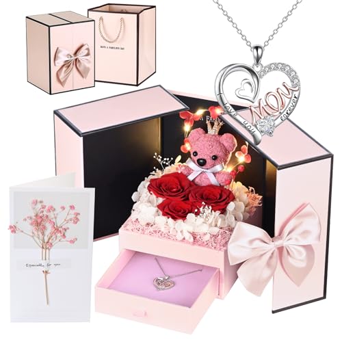 Preserved Flowers Rose Bear Gift Box with Mom Necklace Greeting Flower Card for Best Mom Ever Gift Mother's Day