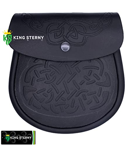 Men's Scottish Kilt Black Leather Sporran with Chain & Belt Celtic Design Double Embossed3