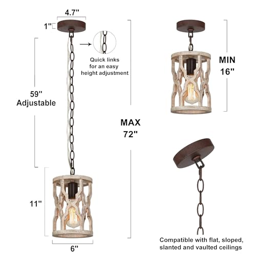 Image of KSANA Wood Pendant Light, Farmhouse Rustic Cage Lantern Hanging Light Fixture for Kitchen Island, Foyer, Hallway, Bedroom and Entryway