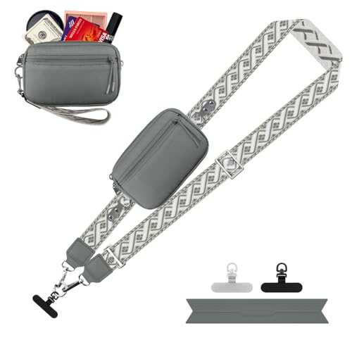 Image of YFWE Clip and Go Strap for Phone with Wallet Crossbody, Adjustable Phone Lanyard with Detachable RFID Wristlet Wallet, Pattern Strap, Grey(M)