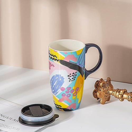 DUSVALLY Ceramic Mug Large Coffee Mug Tall Cups Porcelain Latte Tea Cup with Lid 17oz,Doodle, 16.5 cm - Image 2