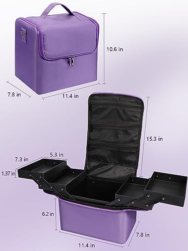 Large Makeup Nail Polish Organizer Bag, Cosmetic Makeup Travel Train Case, 4 Tier Professional Big Makeup Brush Bag Storage Box With Straps Pockets Luggage Belt For Nail Tools Nail Tech (Purple) #TOP6