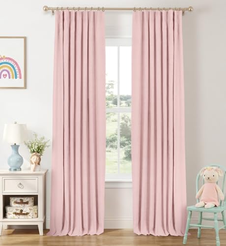 Image of INOVADAY 100% Blackout Curtains for Bedroom, Baby Pink Black Out Curtains 96 Inch Long, Clip Rings Linen Blackout Drapes, Thermal Insulated Room Darkening for Living Room, 2 Panels - W50xL96