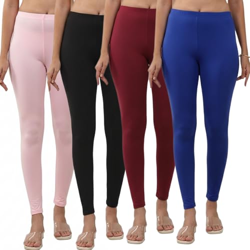 Image of Volex Women and Girls Full Length Leggings | Cotton Spandex /Elastane 4 Way Stretchable | Casual Slim fit Ultra Soft Leggings-Pack of 4