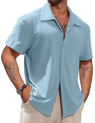 Vssjavun Mens Short Sleeve Button Down Shirts Casual Hollow Out Summer Beach Shirt