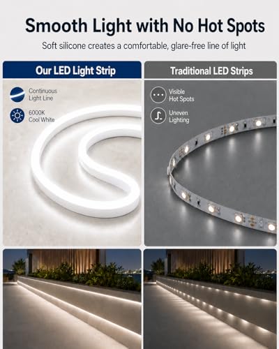 Image of Rope Lights for Outside, 49.2FT Dimmable LED Strip Lights Outdoor Waterproof IP65, 1800 LEDs 24V Low Voltage Cool White 6000K Neon Light Strip with Stepless Dimmer Power Supply Kits