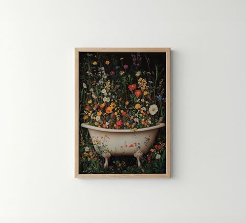 Plant Bathroom Wall Art, Vintage Bathtub Botanical Prints Poster, Dark