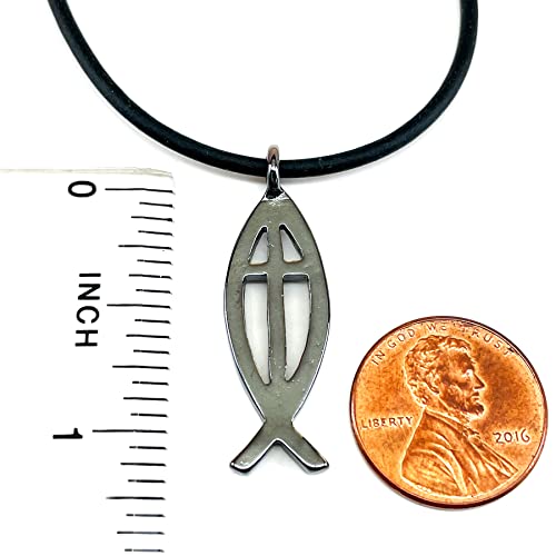 FORGIVEN JEWELRY Jesus Fish Large Ichthus Cross Dark Metal Finish Pendant Black Cord Necklace3