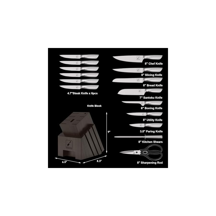 imarku Knife Set, 16PCS Kitchen Knife Set with Block High Carbon Stainless Steel Ultra Sharp Knife Block Set, Japanese Knife Set with Dotted Non-slip Ergonomic Handle, Dishwaher Safe,Christmas Gifts