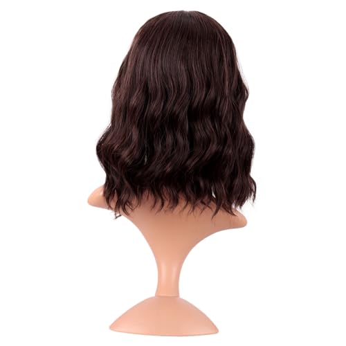 Image of MapofBeauty 14 Inch /35 cm Short Wavy Curly Women Fresh Bright Synthetic Ordinary Flat Bangs Bob Wig (Dark Brown)