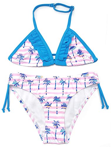 SHEKINI Conjunto De Bikini Triangular De Dos Piezas para NiñAs Traje De BañO con Volantes Halter BañAdores De Cintura Baja Traje De BañO Sin Espalda Traje De BañO (Impresión Azul Cielo, 8-10 años)