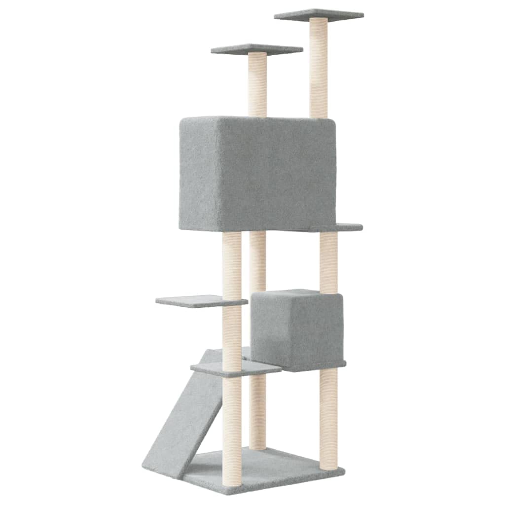 Kratzbaum 153 cm hoch mit 2 Katzenhöhlen und Sisal-Kratzsäulen, Katzenturm mit Leiter und weichen Liegeflächen, Stabiler Kletterbaum für Wohnungskatzen, Holzwerkstoff, Hellgrau