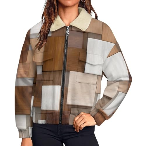 Sweat Polaire Femme Marron à Motif Géométrique 3D Veste Chaude Zippée