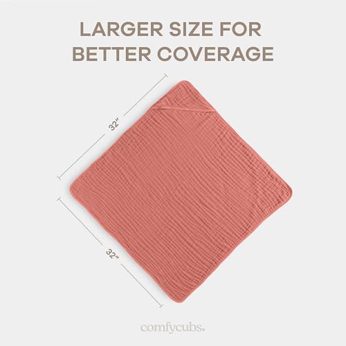 Image of Comfy Cubs Hooded Baby Towel 2-Pack, Large 32 x 32 Inch - 6 Layer 100% Muslin Cotton for Babies, Toddlers and Kids - Soft & Absorbent Baby Bath Towels - Unisex Design for Bath Time - Dusty Rose