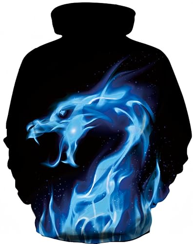 Ocean Plus Bambini e Ragazzi Manica Lunga Galassia Felpe con Cappuccio Colorato Casuale Felpa Maglione Camicia con Cappuccio per Bambini (3XL (Altezza: 155-165cm), Drago di Fuoco Blu)