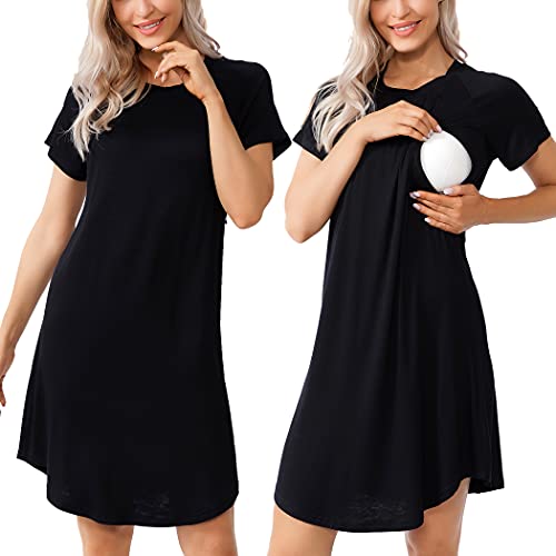 Image of AGKRUNN Women Sleepshirts 3 in 1 Labor/Maternity/Nursing Nightgown Short Sleeve Breastfeeding Sleep Dress XS-3XL