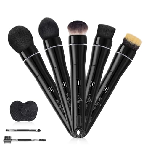 360 Electric Rotating Makeup Brush Set 5 Vegan Brush Heads Rechargeable Blending Face Brushes For Foundation Blush Powder Bronzer Contour Highlight & Airbrush Finish Flat Kabuki Brush