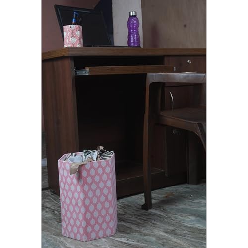Image of Floral Hand Block Printed 3.3 Gallon Decorative Waste Basket - Eco-Friendly Cardboard Trash Can, Plastic-Free & Sustainable, Perfect for Christmas and Housewarming Gifts (1, Pink Botti)
