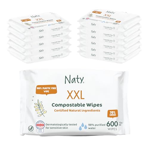 Image of Naty Baby Wipes XXL | 98% Water, Hypoallergenic & Natural for Sensitive Skin | Unscented, Plant-Based, Fragrance-Free | Plastic-Free & Compostable | Newborn & Toddler Wipes | 600 Count (12 Packs)