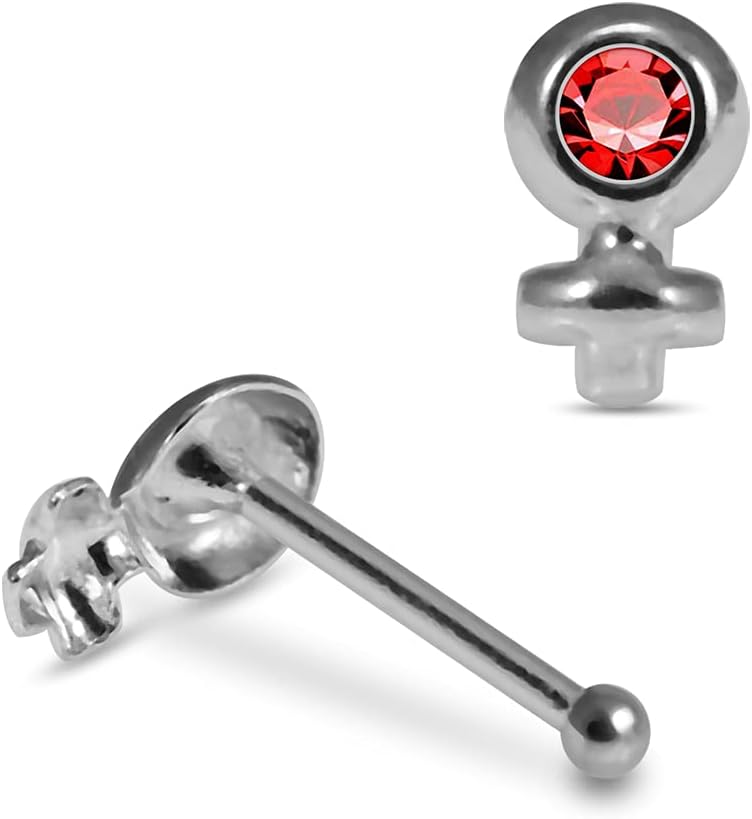 Crystal Stone Female Sign Design 22 Gauge 925 Sterling Silver Ball End Nose Pin - Nose Stud - Tiny Nose Ring - Nose Piercing Body Jewelry