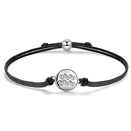 J.Endéar Armband mit Sternzeichen Wassermann zum Geburtstag, Silber 925 Handgemachte Kordel Filigran 24cm Verstellbares Armband Glückshoroskop Geburtstagsgeschenk für Mädchen Kinder Damen Cover