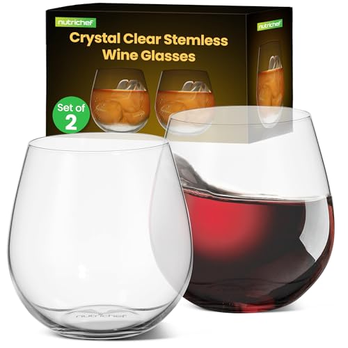 15oz Stemless Wine Glasses - Set of 2 Ultra Thin Elegant Red & White Wine Clear Crystal Glass Drinkware, Lead-Free, Hand Blown Seamless Bowl, Dishwasher Safe, Perfect Gift for Any Occasion