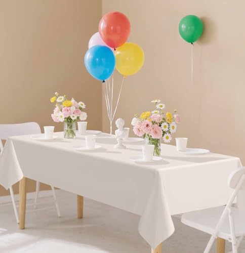 Image of SietDESEO 2 Pack Ivory Plastic Tablecloth Rectangle 54 x 108 Premium Disposable Table Cloth Plastic Ivory Table Cover for Wedding Baby Shower Party Decorations