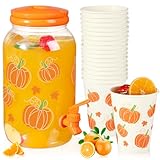 Umigy 1 Gallon Fall Pumpkin Plastic Drink Dispenser with 20 Pcs 12 oz Paper Cups Thanksgiving Harvest Kitchen Decoration Beverage Water Dispenser with Spigot for Juice Beer Autumn Party Supplies