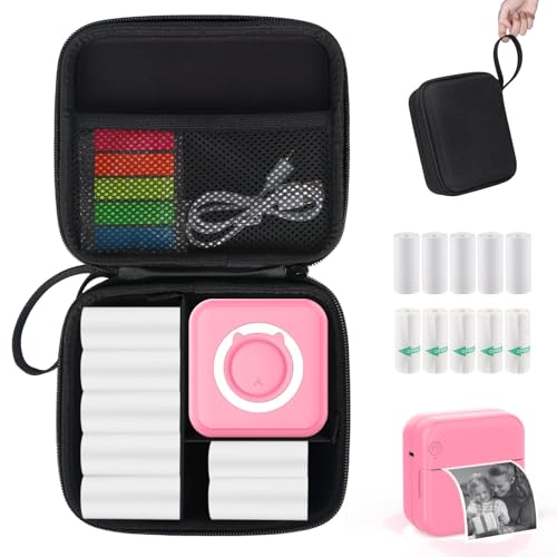 Mini impresora de bolsillo para viajes y diario creativo con funda protectora rosa y negra