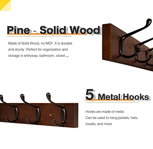 ROOREVO Wall Mount Coat Rack Coat Hooks, Wall hat Hanger,Walnut,2 Pack - Thumbnail 2