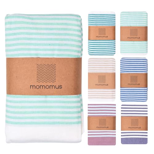 MOMOMUS Fouta XXL oder Picknickdecke XXL für den Strand - Leicht, Kompakt und Boho-Stil - Große Stranddecke, Sandfreie Strandmatte und Faltbare Campingdecke - Türkis, 210x240 cm