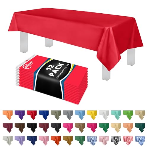 Image of Plastic Table Cloth Disposable 12 Pack 54 inch x 108 inch Rectangle | Red Plastic table covers, durable disposable tablecloths, fade and tear-resistent table cover for party, event