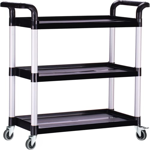 Plastic Utility Carts with Wheels, Heavy Duty 510lbs Capacity Rolling Service Cart, 3-Tier Restaurant Food Cart with Hammer for Office, Warehouse, Garage (2 Lockable Wheels, Black)