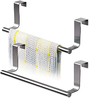 Tatkraft 2 Pack Horizon Over the Door Towel Rail Stainless Steel Towel Holder for Kitchens and Bathrooms with Anti-Slip Scratch-Protecting Stripe